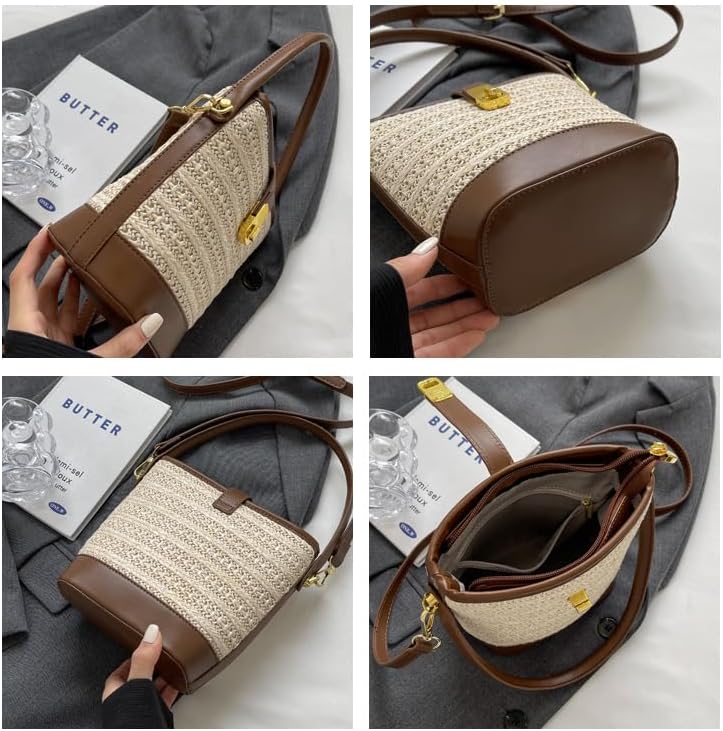 Women's Straw Woven Top-Handle Bucket Bag, Tan Women's Straw Woven Top-Handle Bucket Bag, Tan
