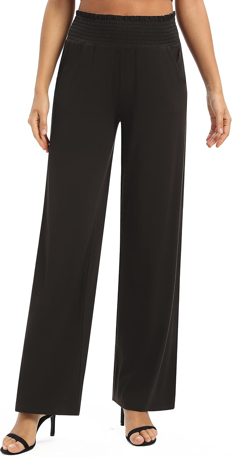 Womens High Waist Flowy Palazzo Pants Elastic Wide Leg Stretchy Straight Lounge Trousers