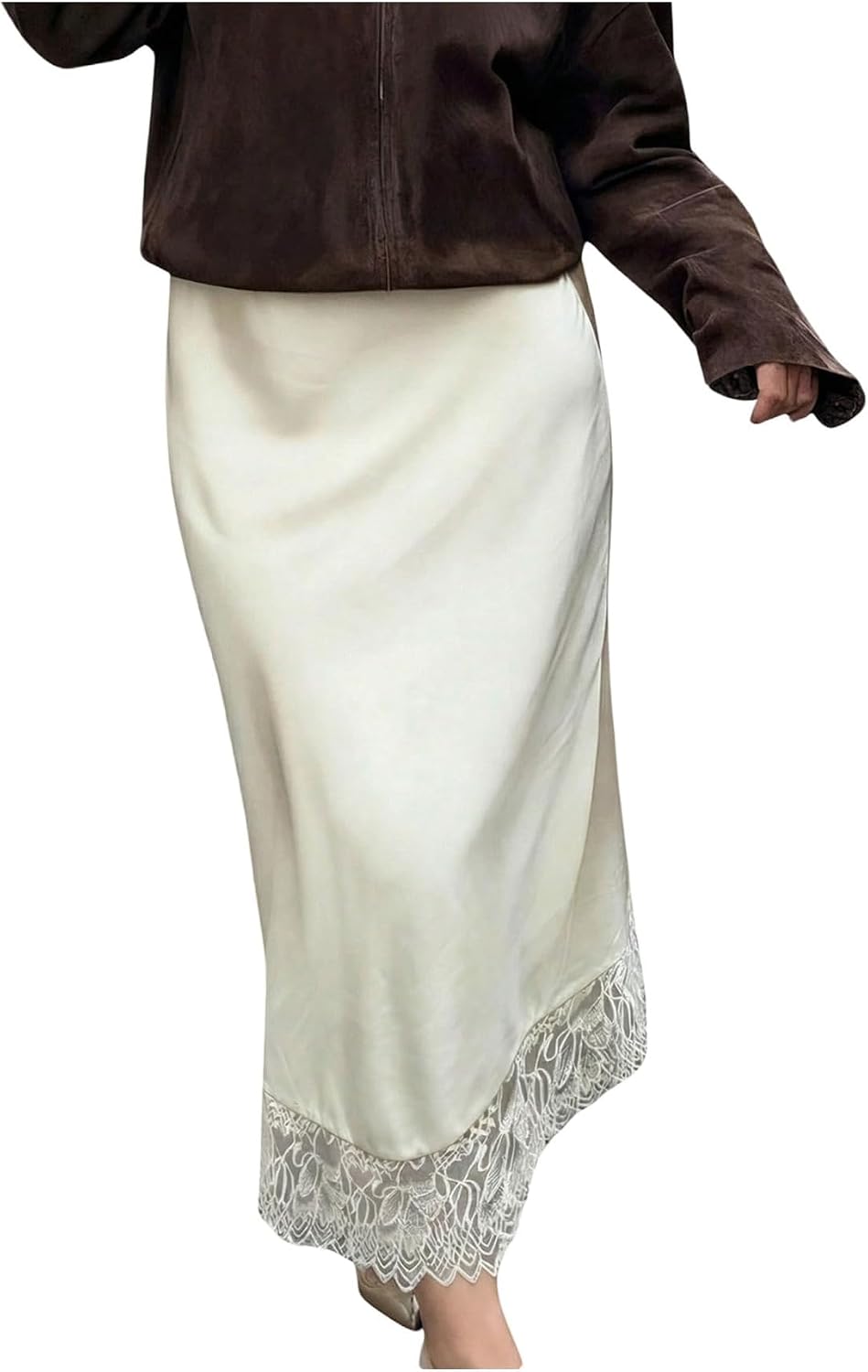 Women's Lace Trim Maxi Skirt Side Zipper Ivory Women's Lace Trim Maxi Skirt Side Zipper Ivory