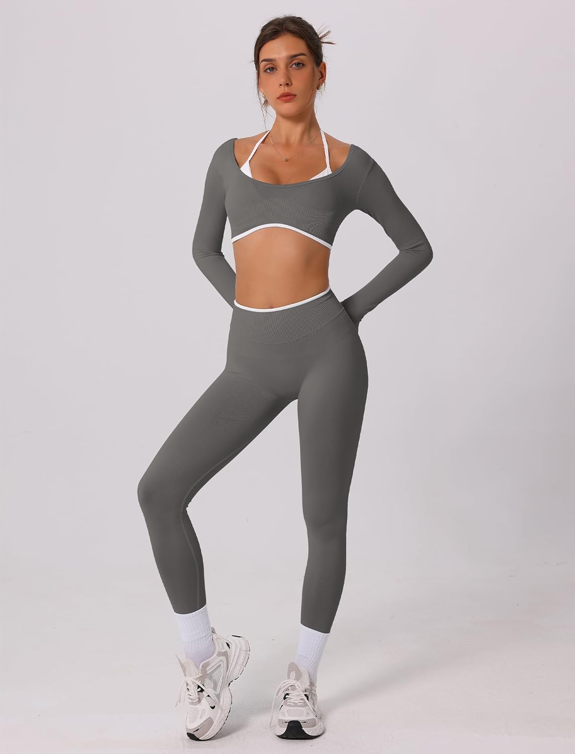 2 Piece Workout Sets for Women Contrast Panel Long Sleeve Halter Crop Top and High Waist Leggings Jogger Outfits