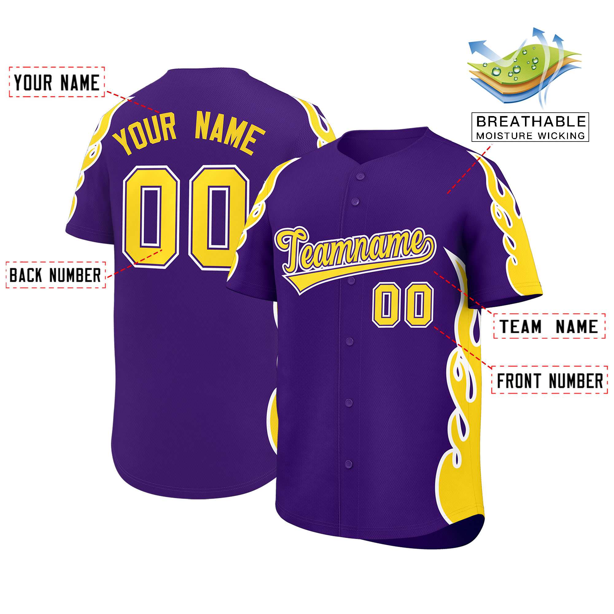 Benutzerdefiniertes Baseball-Trikot mit Seitenflammen-Umrissmuster für Sportuniformen