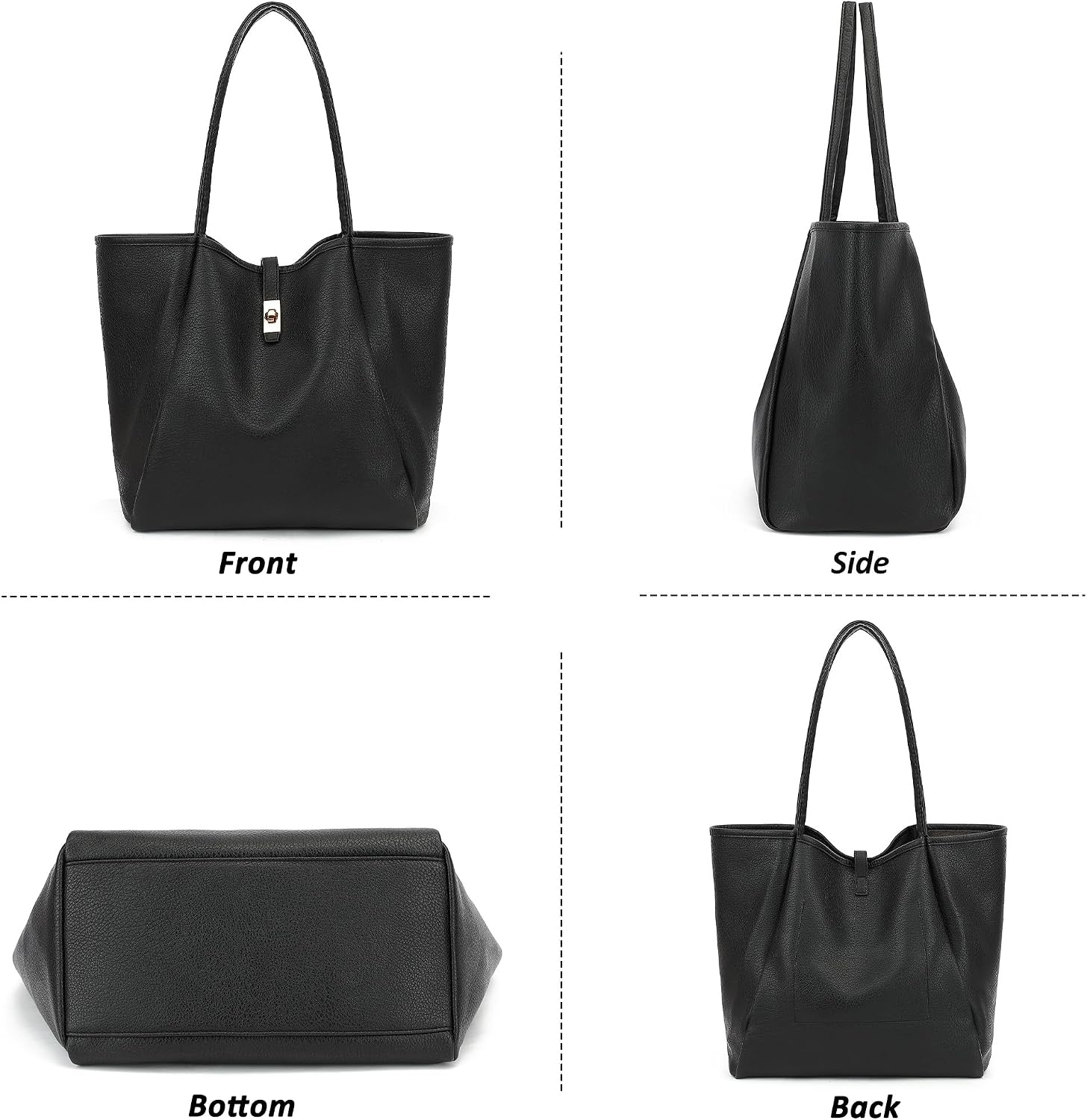 Women's Vegan Leather Turn-Lock Tote Handbag, Black Women's Vegan Leather Turn-Lock Tote Handbag, Black