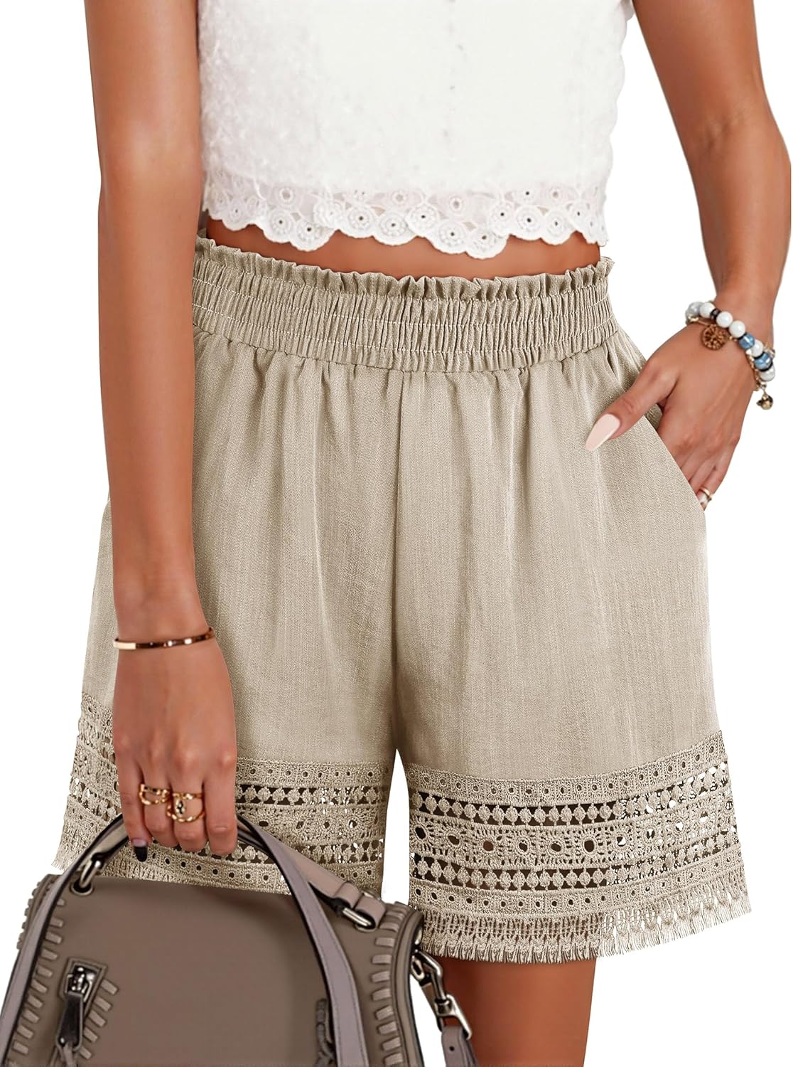 Women's Casual Elastic Waist Lounge Shorts Stretch Lace Trim Summer Beach Linen Ruffle