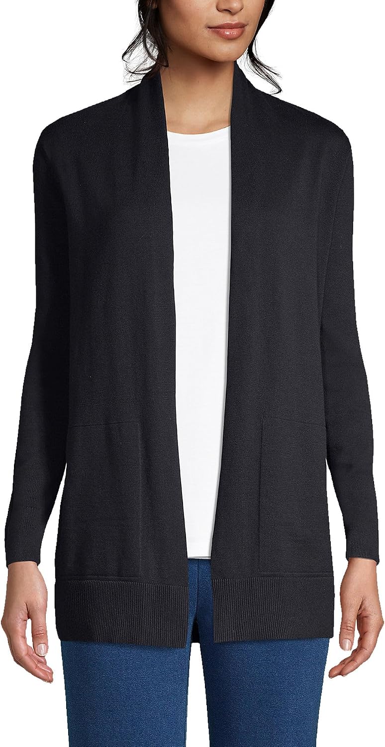 Women's Black Open Front Long Cardigan with Pockets