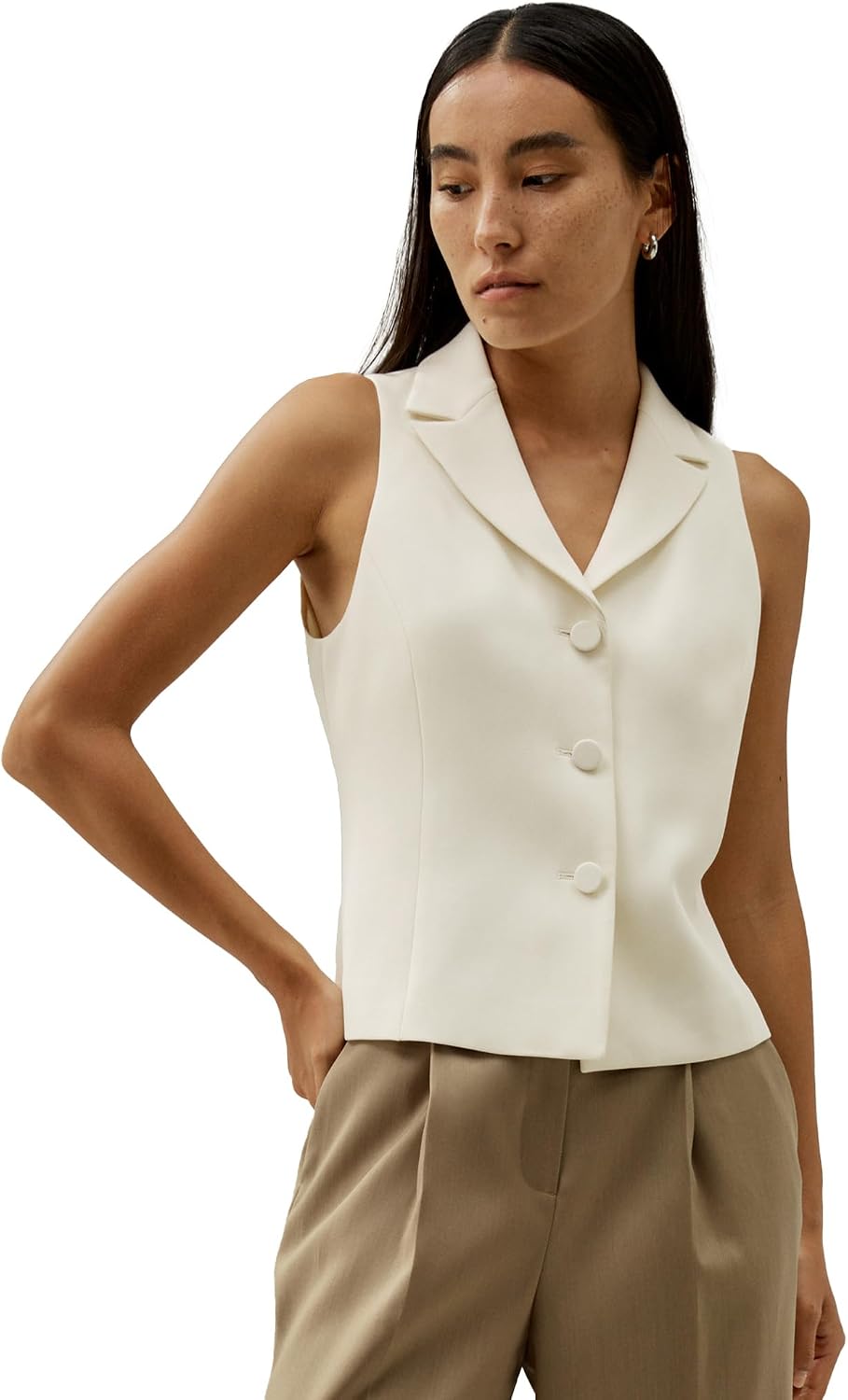 Women's Lapel Collar Silk Blazer Vest Button Front Ivory