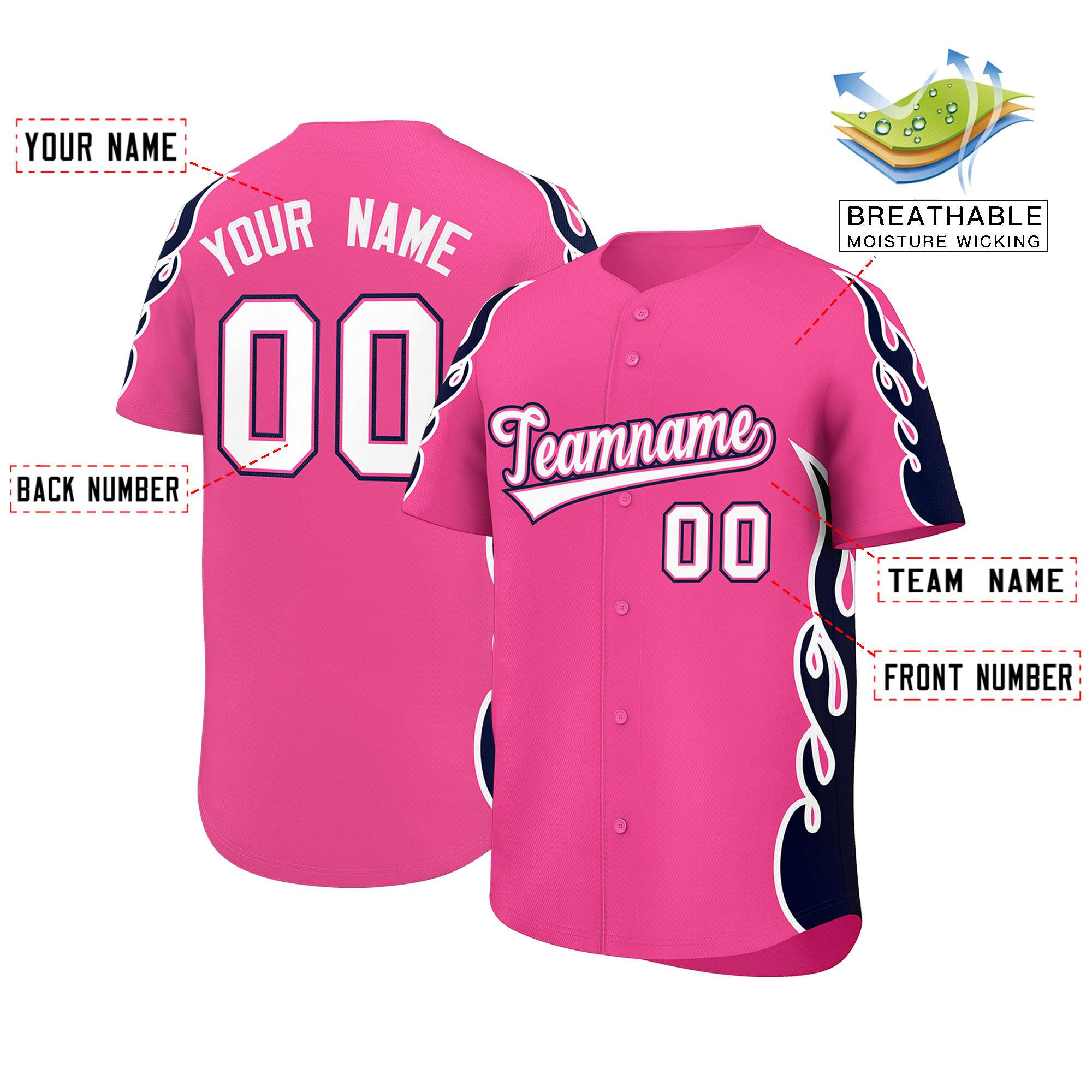 Benutzerdefiniertes Baseball-Trikot mit Seitenflammen-Umrissmuster für Sportuniformen