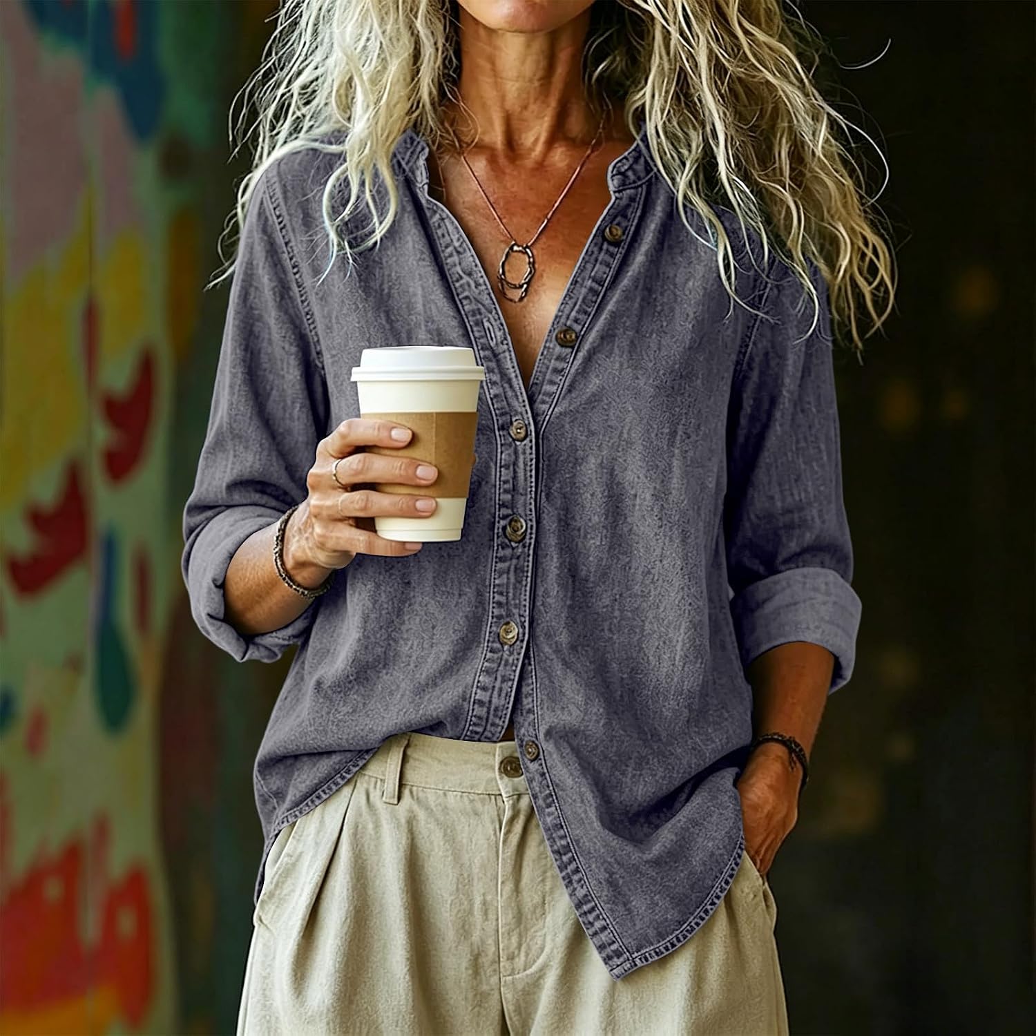 Jean Shirts for Women Vintage V Neck Button down Denim Blouses Dressy Long Sleeve Tops Ripped Distressed Shirt Jackets Breathable Relaxed Fit Cardigan