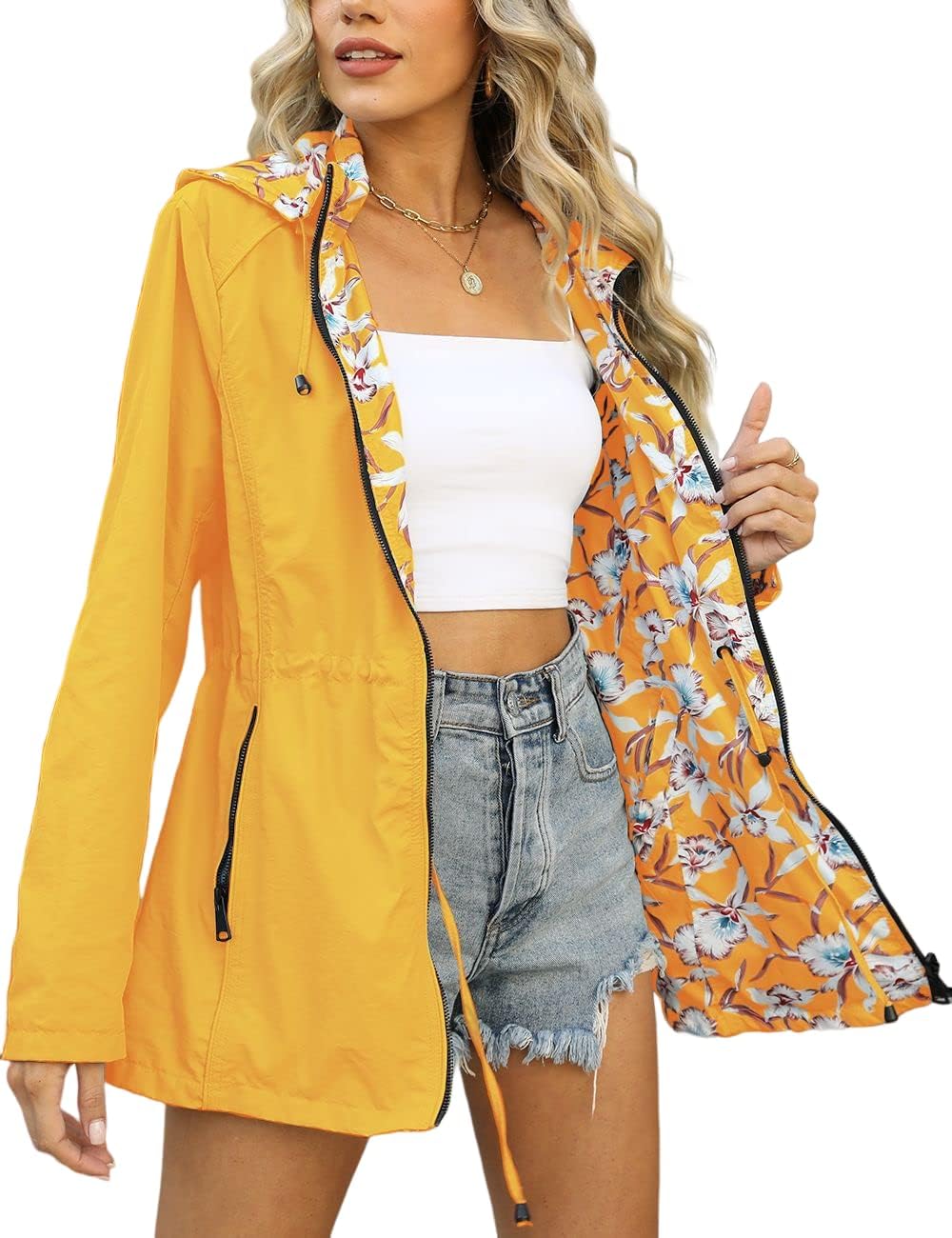 Women's Reversible Hooded Rain Jacket Floral Print Yellow