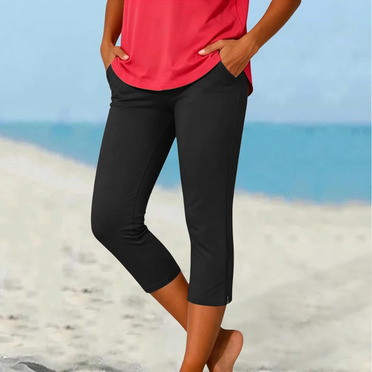Women's Stretch Capri Leggings with Pockets (Black) Women's Stretch Capri Leggings with Pockets (Black)