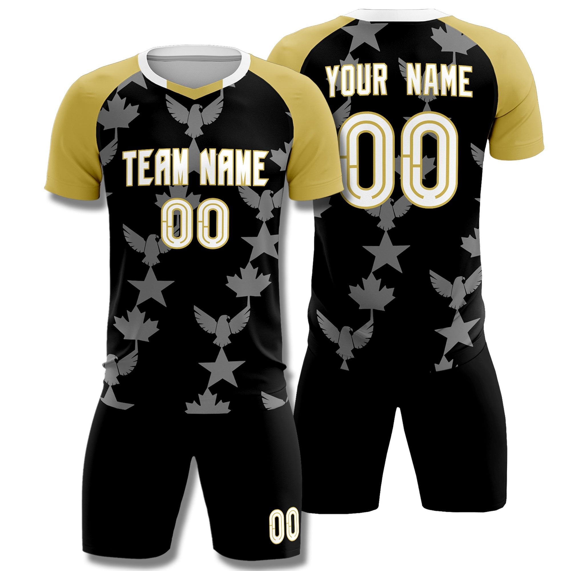 Benutzerdefinierte Old Gold Black Weltmeisterschaft inspiriert atmungsaktive und schnell trocknende Trainingsuniform Raglanärmel Fußball-Sets Trikot