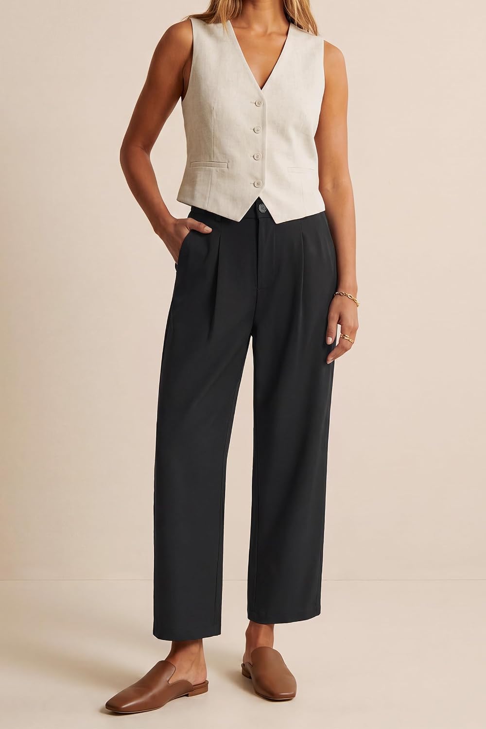 Women's Linen Blend Straight Ankle Pants Business Casual Outfits Dressy Trousers Summer