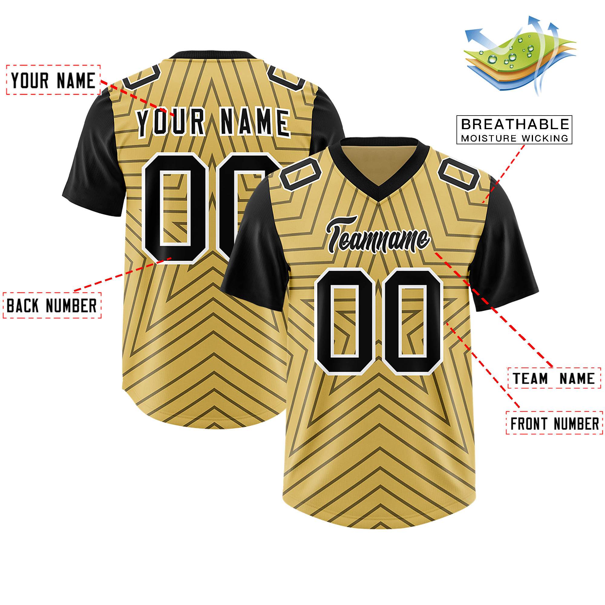 Individuell personalisiertes, authentisches Fußballtrikot mit Raglanärmeln und Sternenmuster