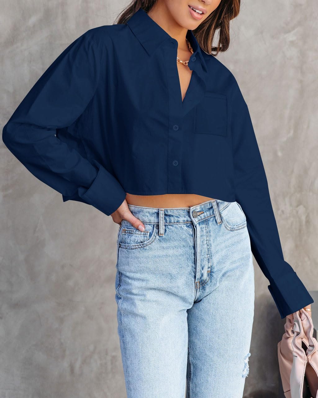 Button Down Shirts for Women Long Sleeve Casual Crop Tops Solid Lapel Blouse Shirt with Pocket