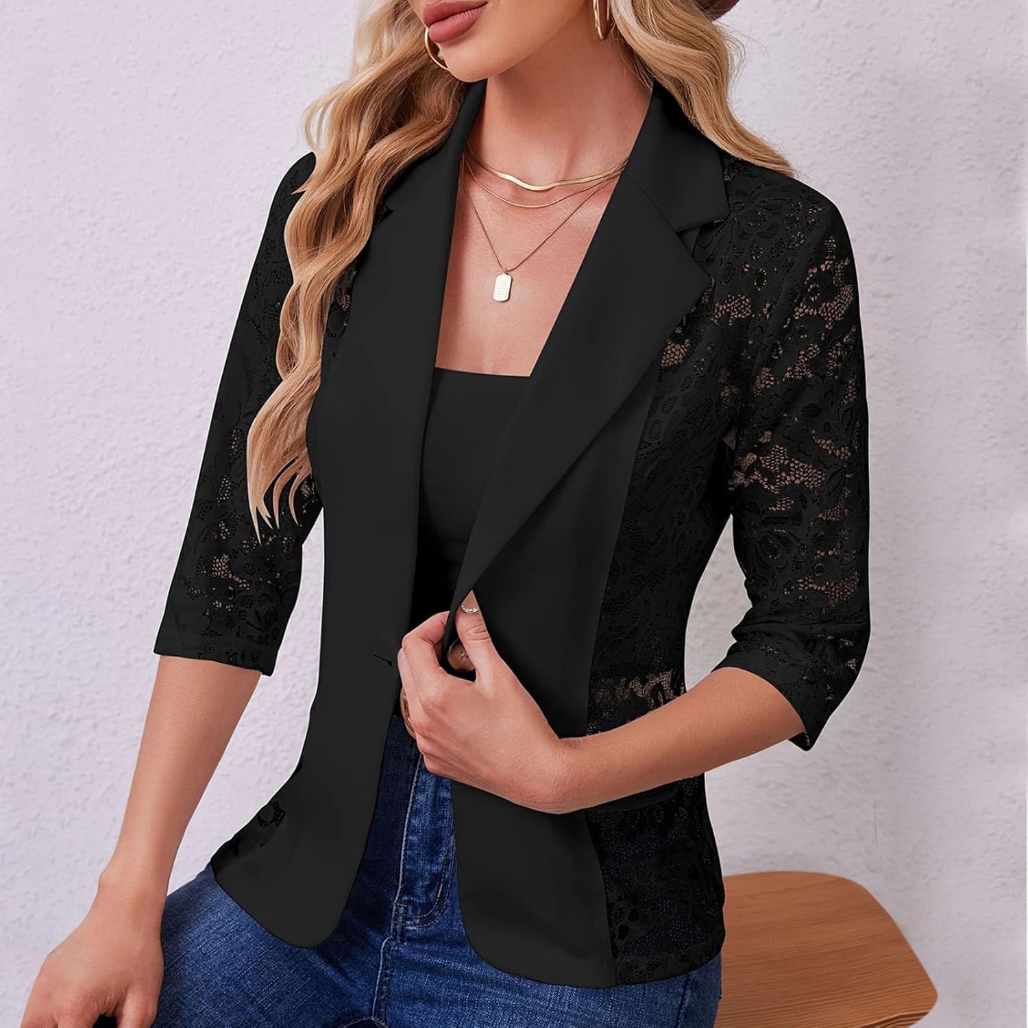 Women's Lace Blazer Open Front Button Down Sheer Mesh Blazers Elegant 3 4 Sleeve Notched Lapel Suit Jackets