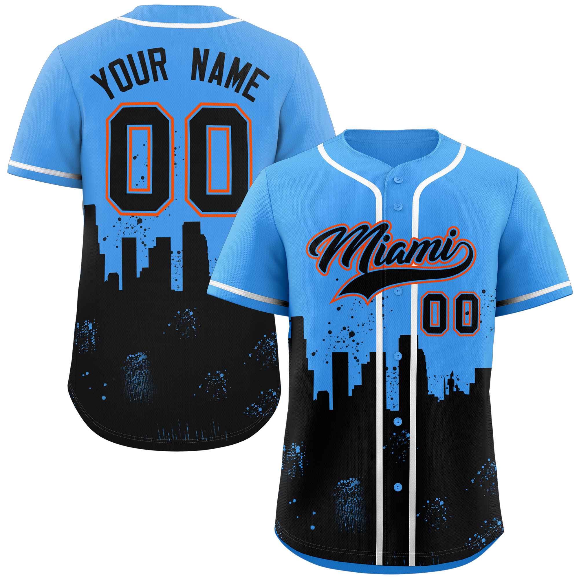 Benutzerdefiniertes, personalisiertes, authentisches Baseball-Trikot in Miami City Nightscape in Puderblau und Schwarz