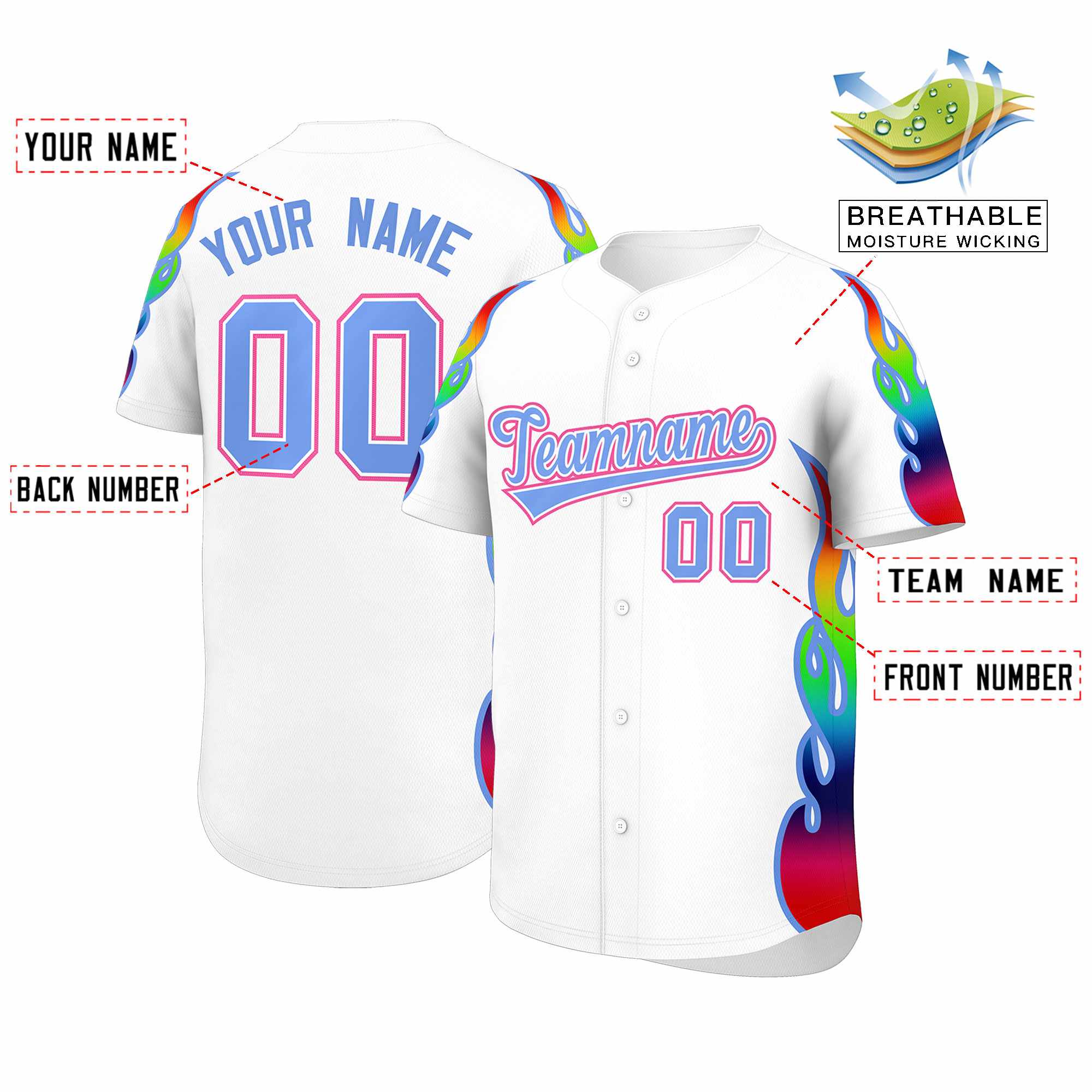 Benutzerdefiniertes Graffiti-Muster, personalisierter mehrfarbiger Flammendruck, authentisches Baseball-Trikot