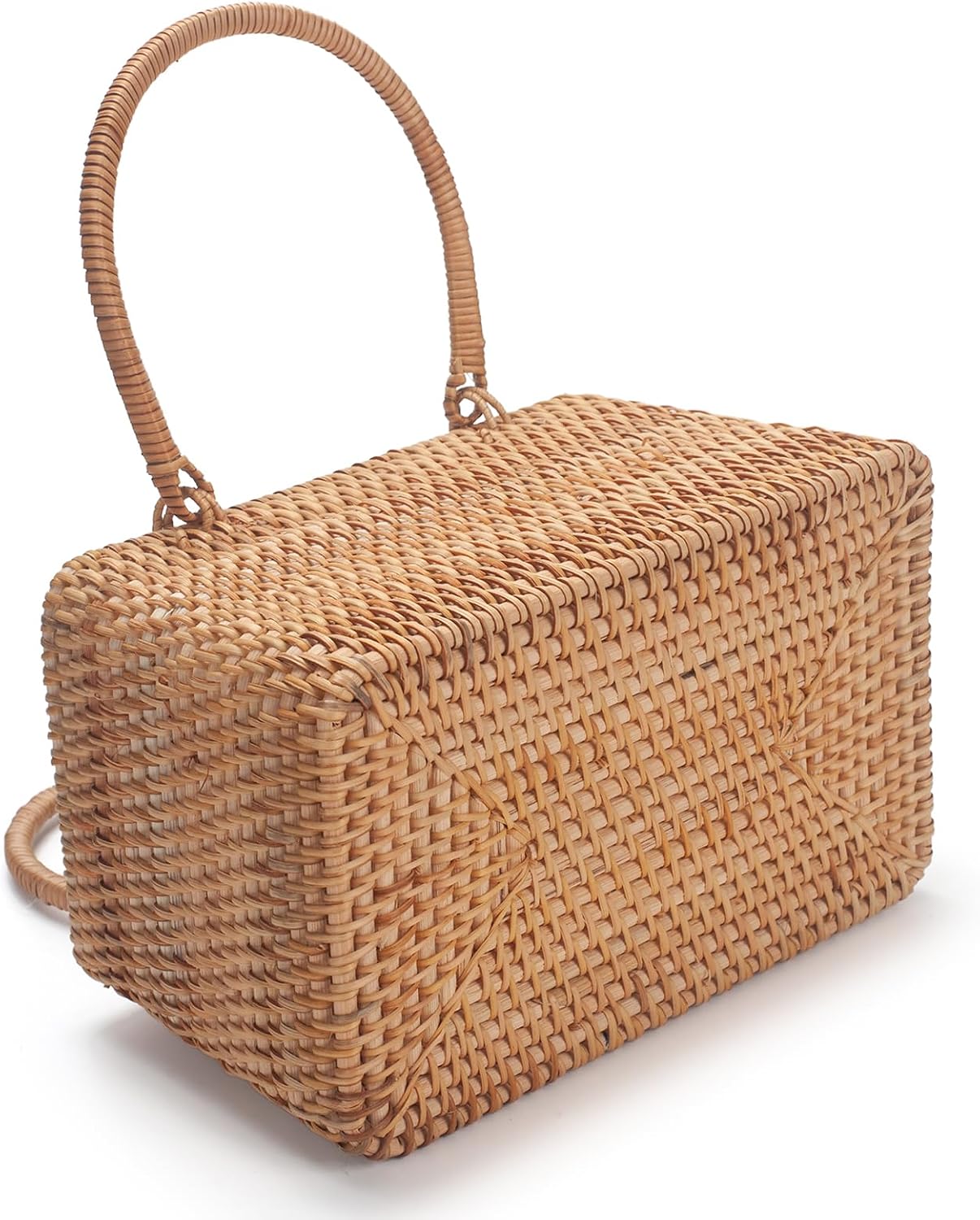 Women's Handwoven Rattan Top-Handle Basket Bag, Brown Women's Handwoven Rattan Top-Handle Basket Bag, Brown