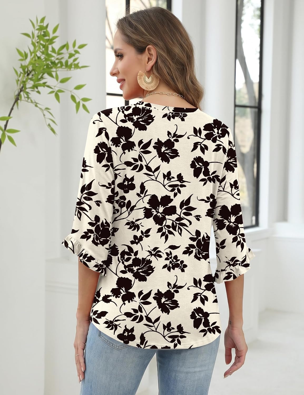 3-Quarter Length Sleeve Womens Tops Dressy V Neck Blouse Ruffle Shirts Summer Fall Clothes