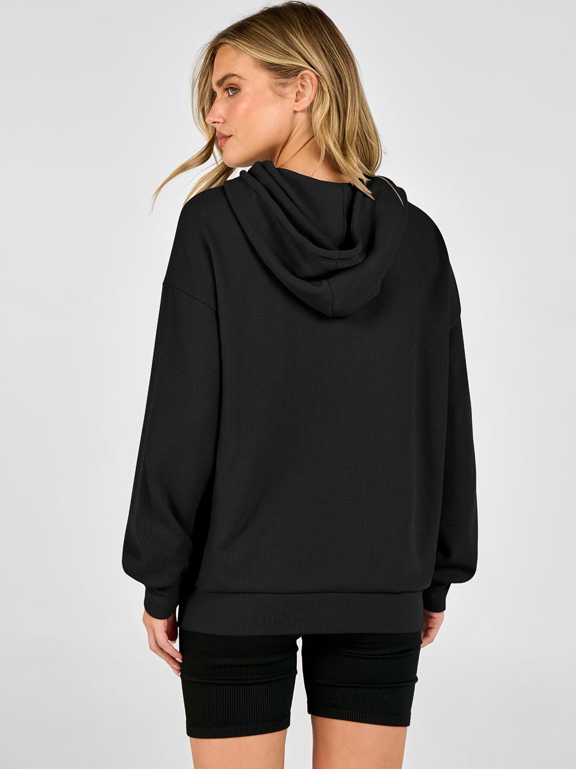 Women's Waffle Knit Hoodie Loose Fit Sweatshirts Drawstring Pullover Tops with Pocket Travel Wear Clothes Fall Winter Outfits