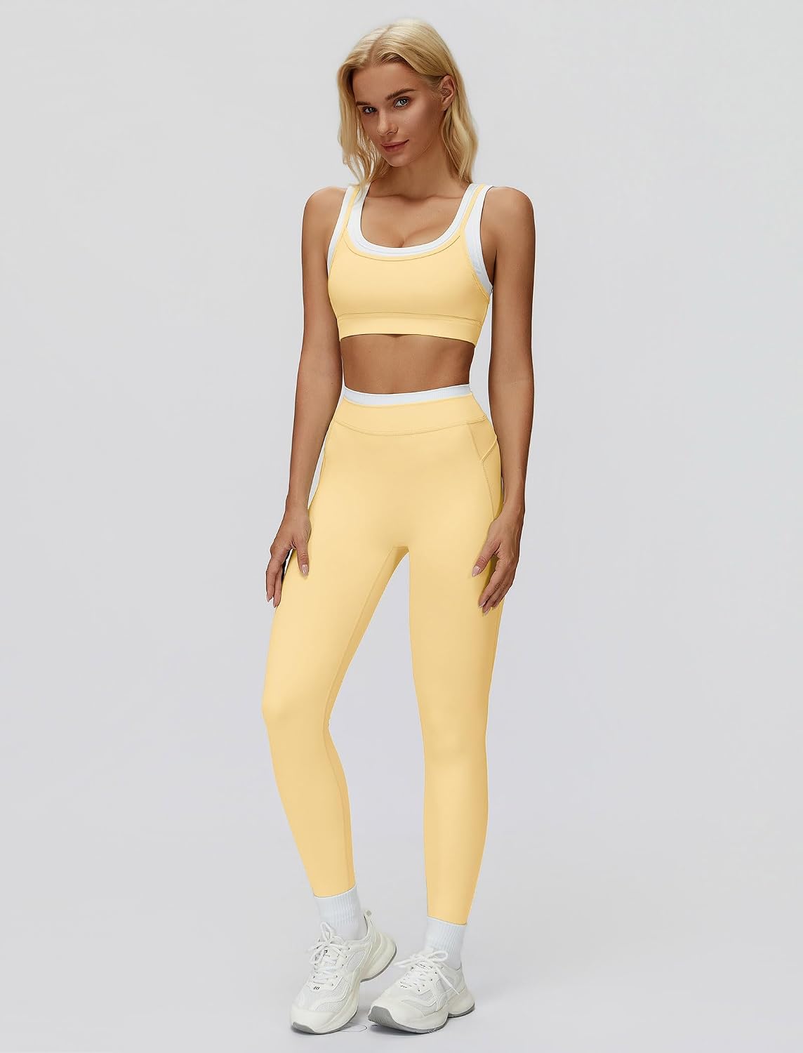 Women's Square Neck Sports Bra Leggings Set Butter Yellow