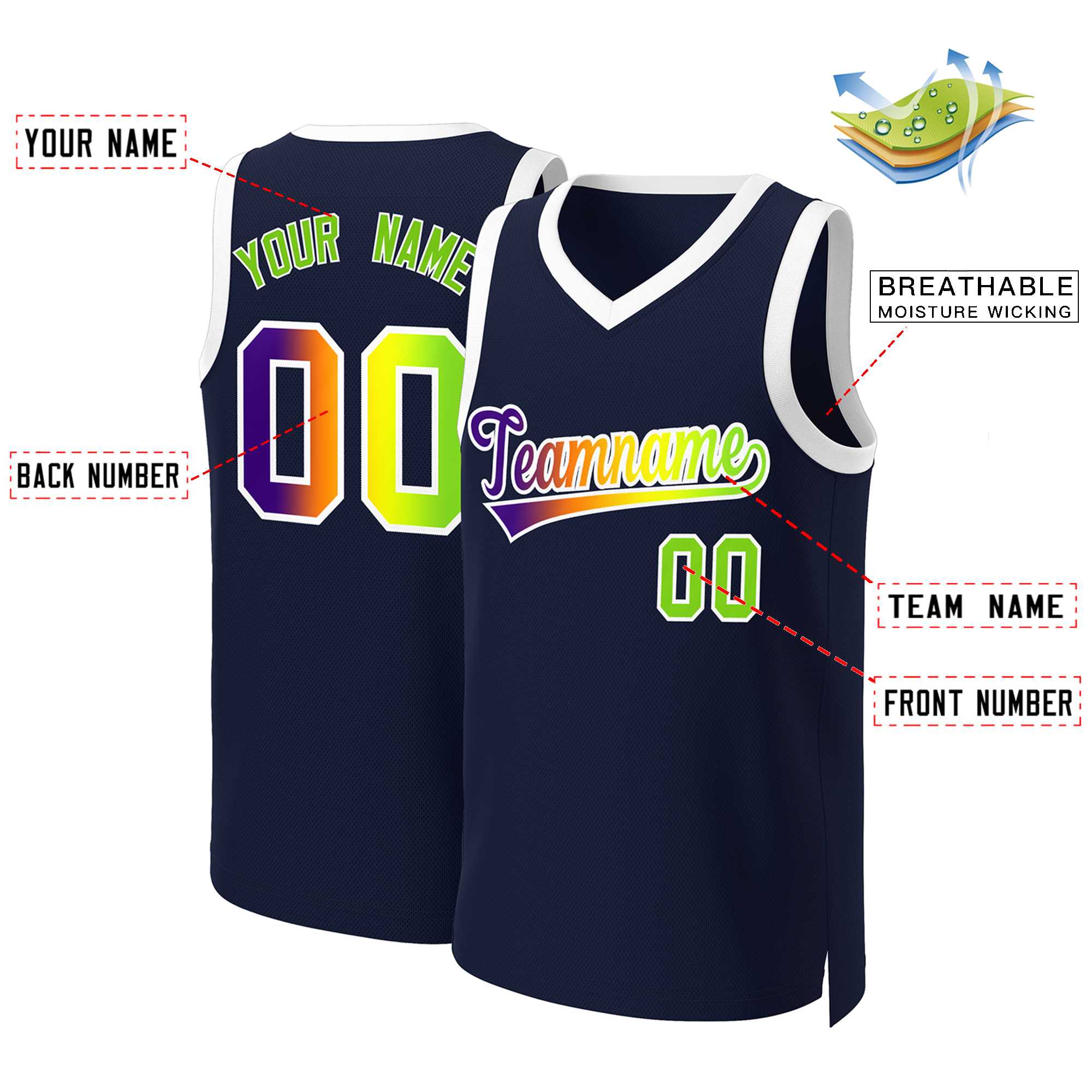Benutzerdefiniertes Basketballtrikot mit klassischem Farbverlauf und modischen Oberteilen