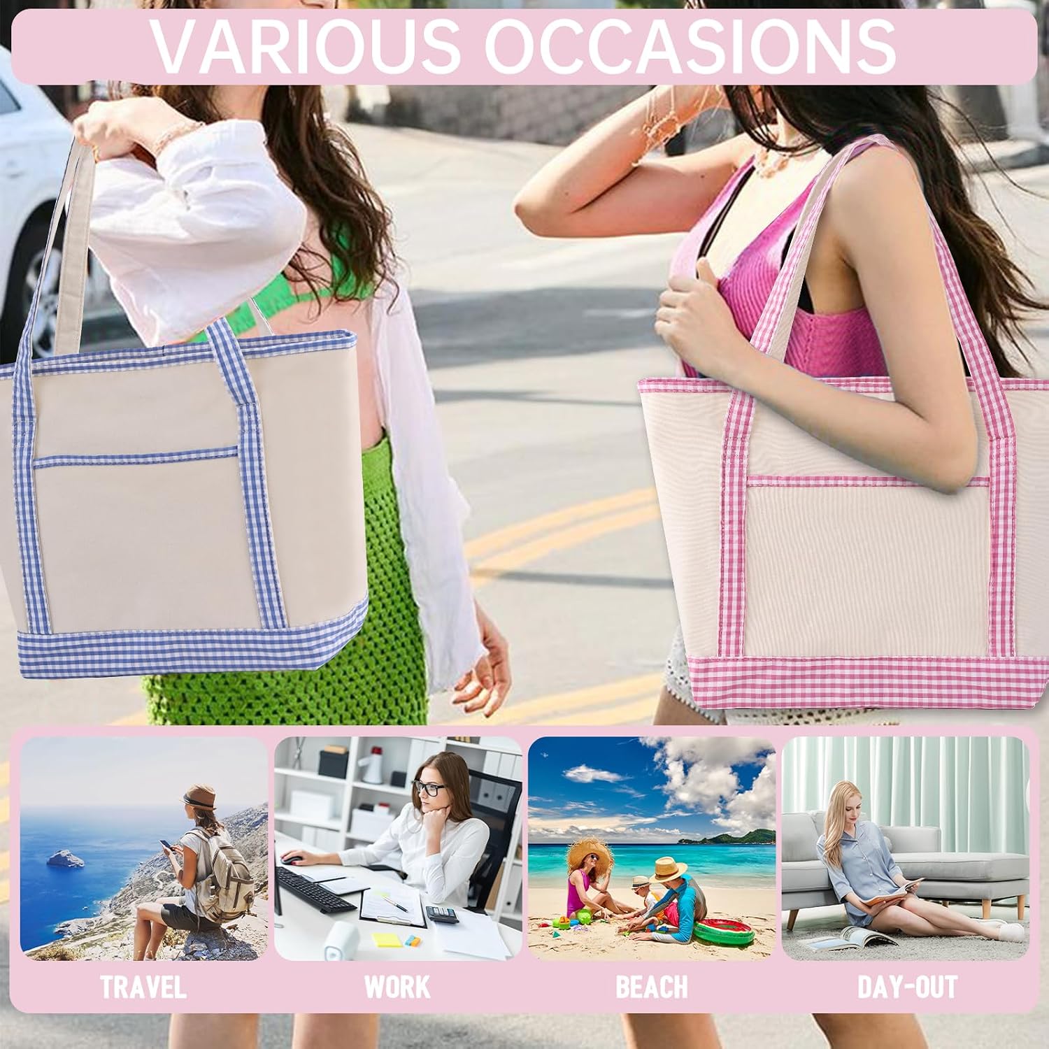 Women's Canvas Gingham Trim Tote Bag Beige Blue