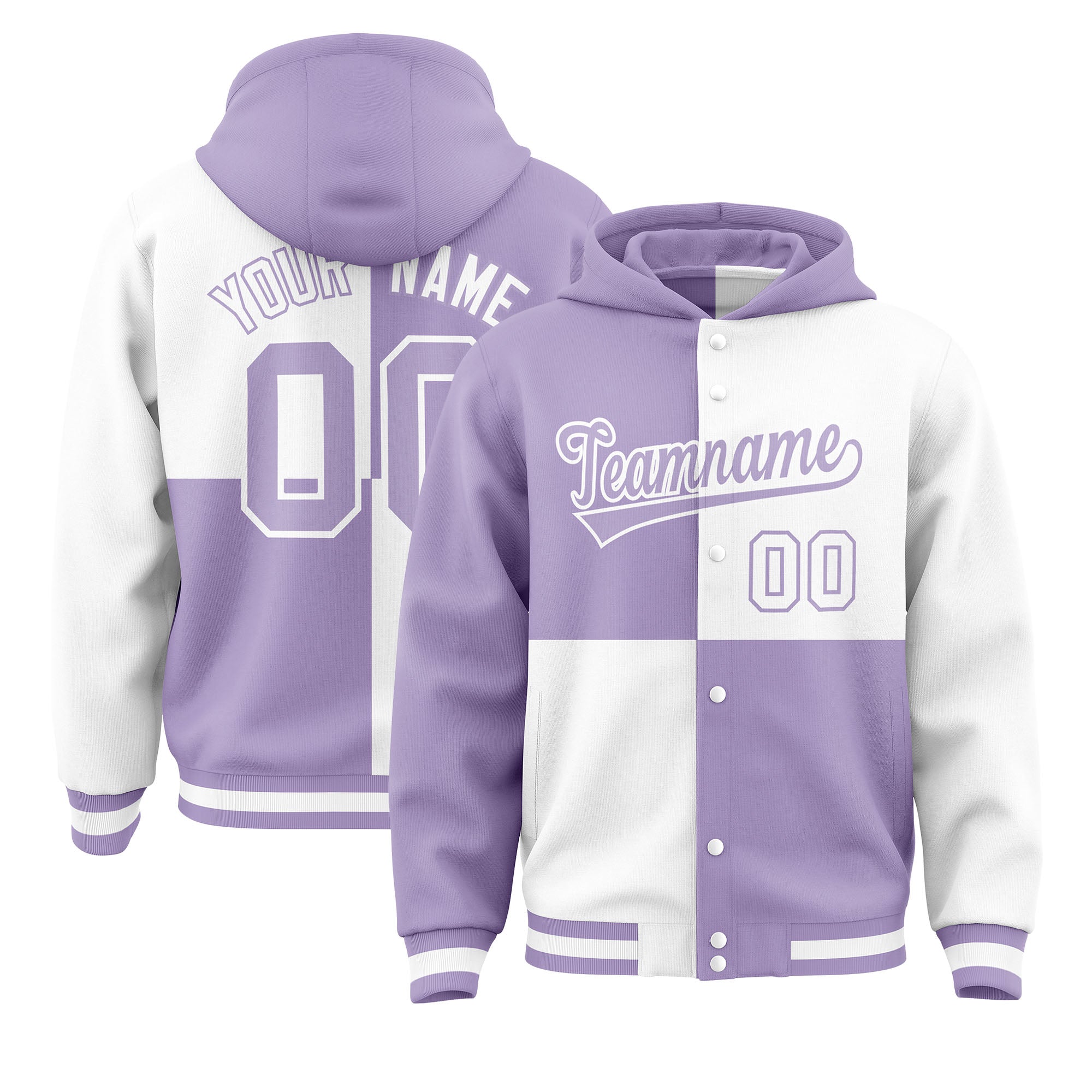 Custom Light Purple White Varsity Full-Snap Four Squares Color Block Letterman Jacket Hoodie