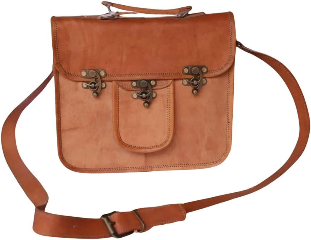 Women's Vintage Genuine Leather Satchel Bag Brass Clasp Camel
