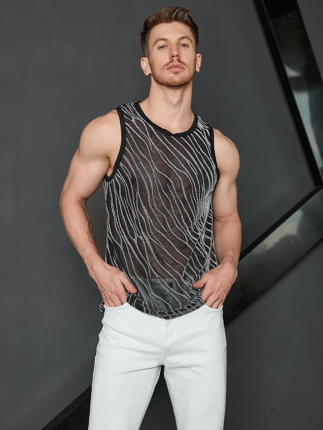 Men's Zebra Stripe Mesh Tank Top Black
