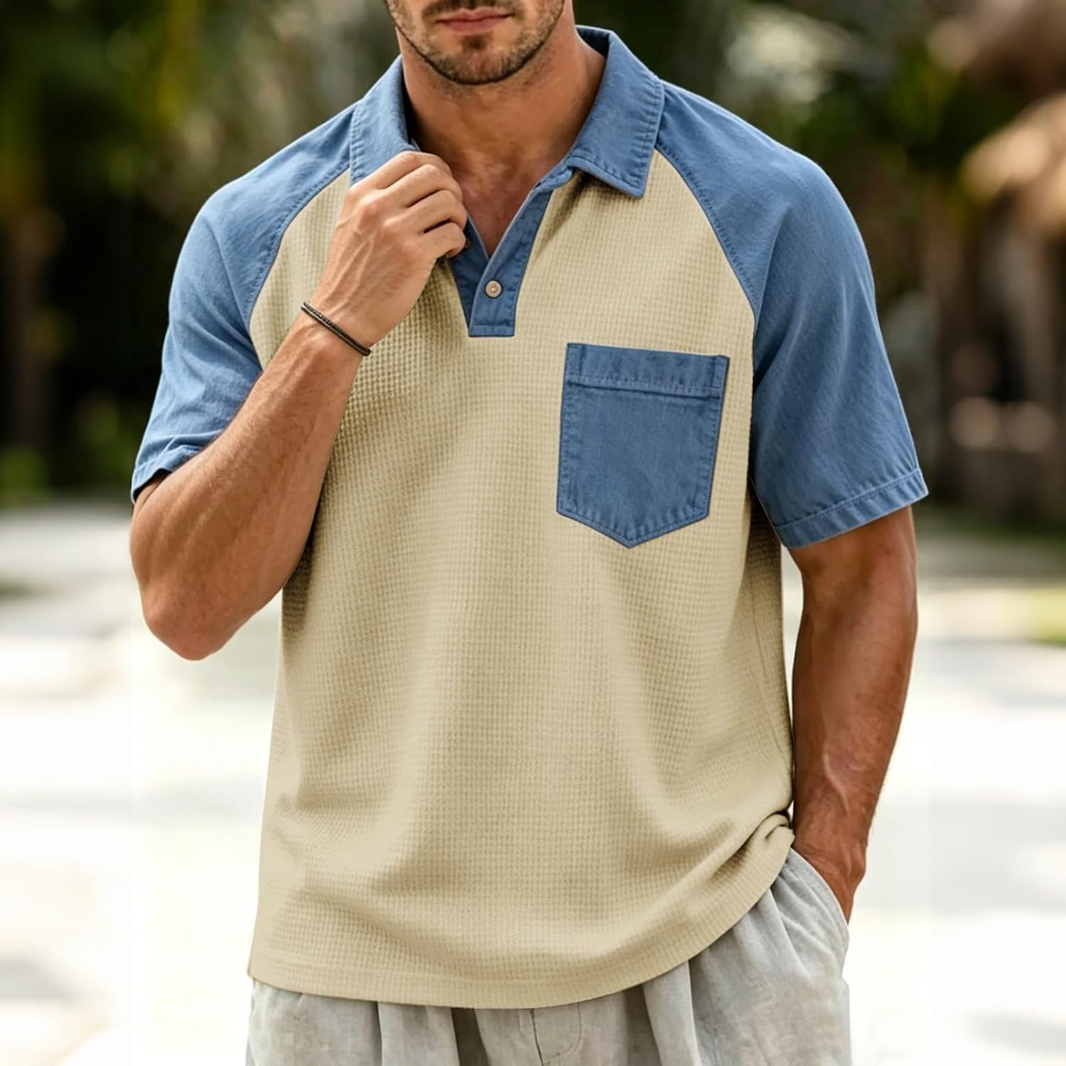 Men's Color Block Denim Polo Shirt Pocket Khaki Men's Color Block Denim Polo Shirt Pocket Khaki
