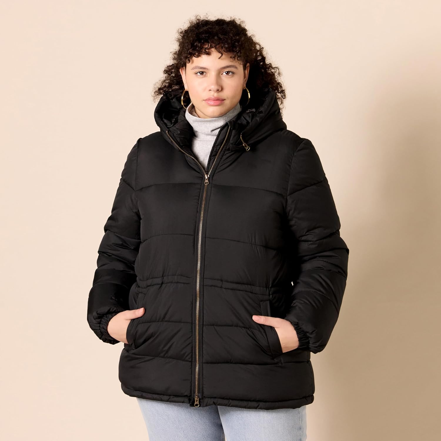 Women's Heavyweight Hooded Puffer Jacket Adjustable Waist Black