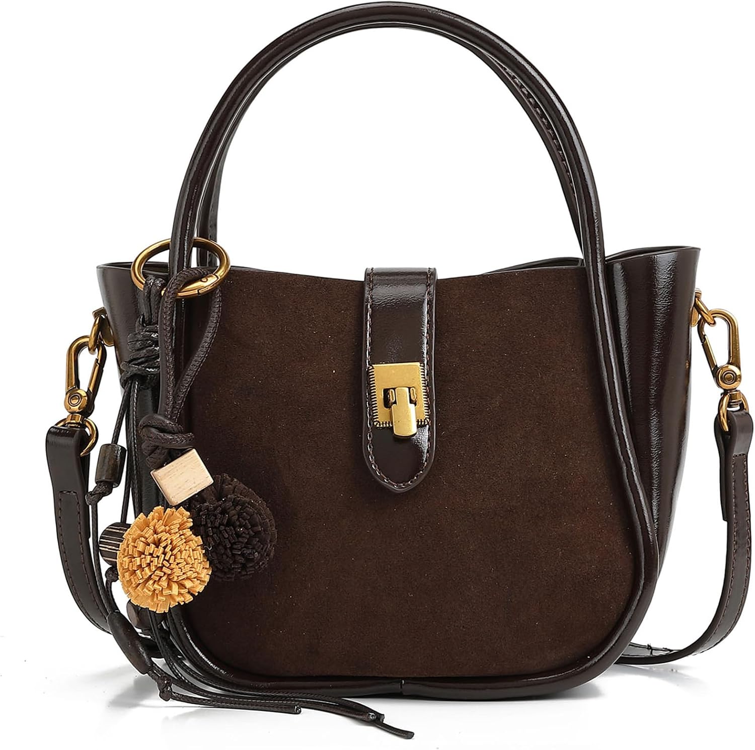 Women's Suede Patchwork Turn-Lock Hobo Handbag, Brown