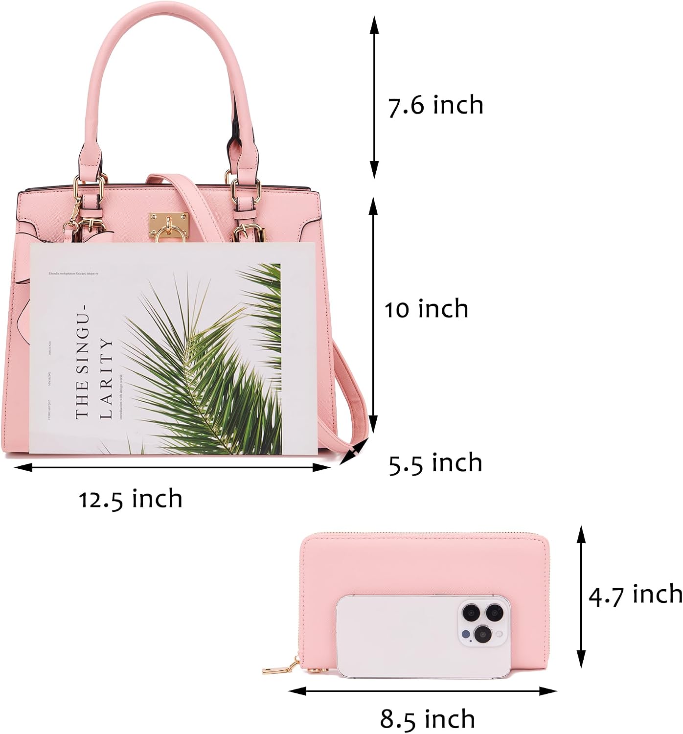 Women's Top-Handle Satchel Handbag with Wallet, Pink