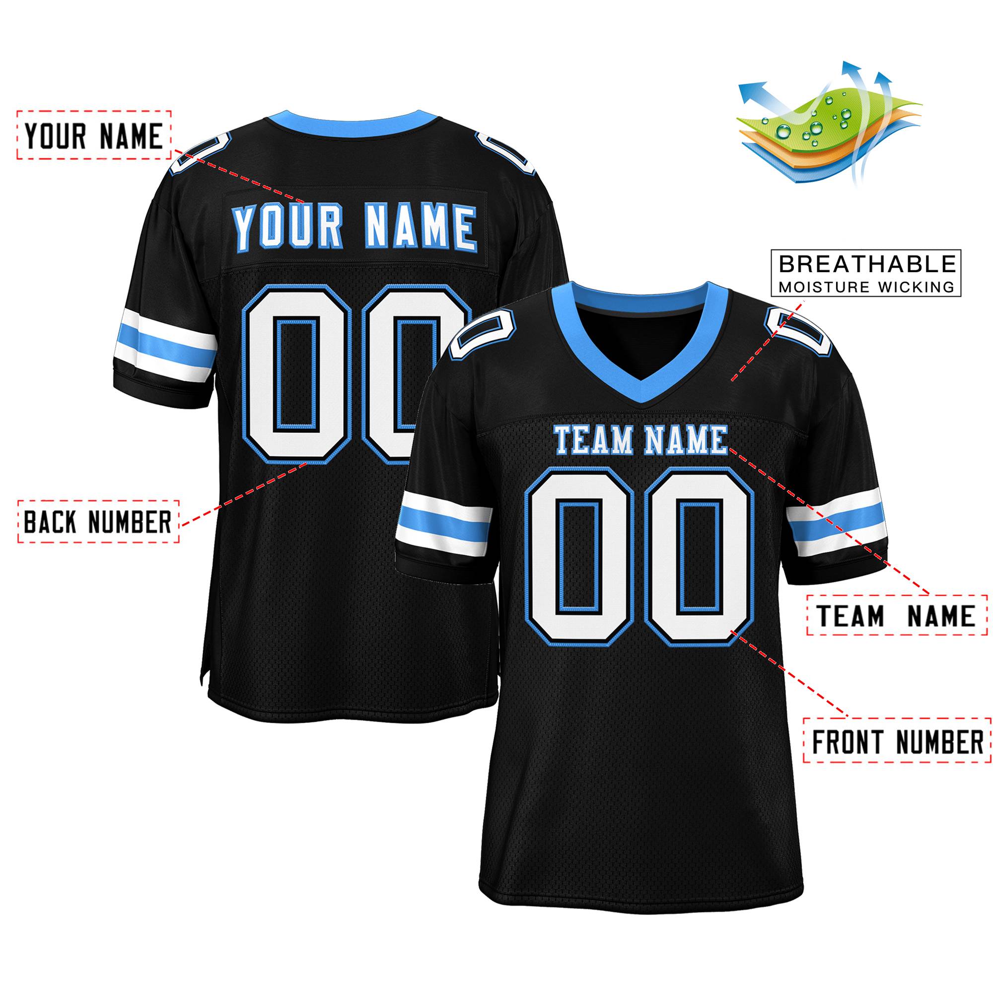 Maßgeschneidertes authentisches Mesh-Fußballtrikot im klassischen Schwarz-Weiß-Pulverblau-Stil