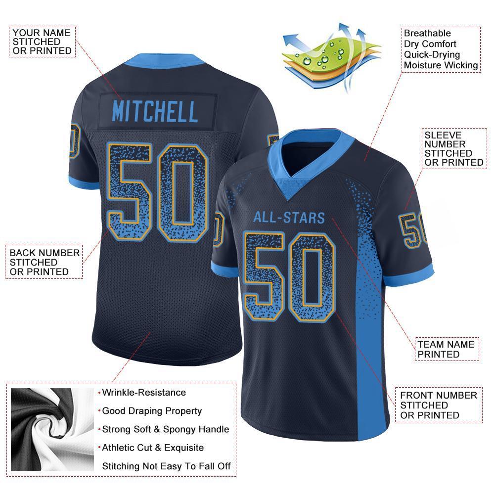 Benutzerdefiniertes authentisches Drift Fashion Mesh-Fußballtrikot in Pulverblau und Gold