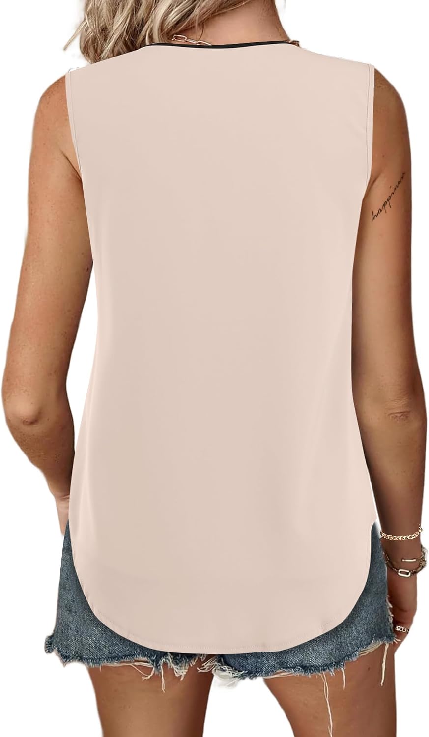 Women's Contrast Trim V Neck Work Tank Top, Beige