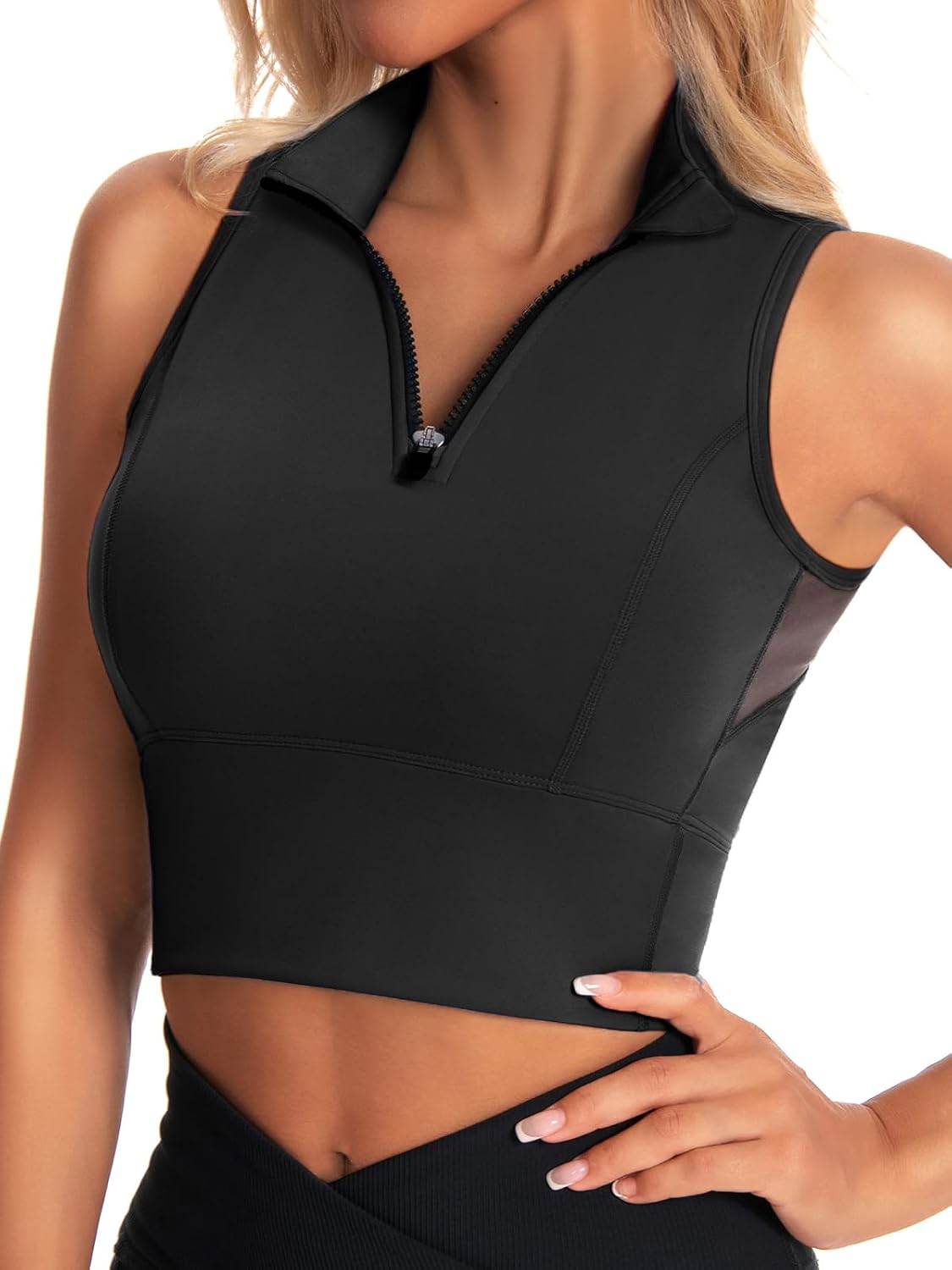 Women's Half Zip Crop Tank with High Neck Support
