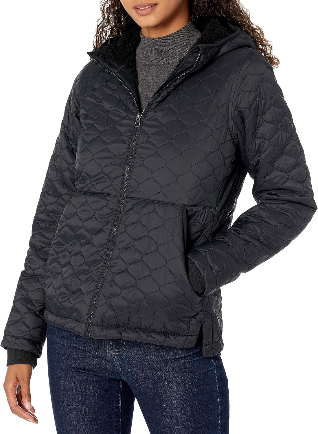 Women's Quilted Hooded Puffer Jacket Sherpa Lined Black