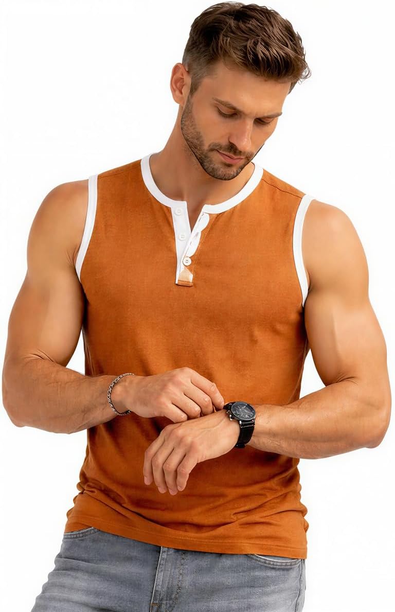 Men's Sleeveless Henley Tank Top Contrast Trim Orange Men's Sleeveless Henley Tank Top Contrast Trim Orange