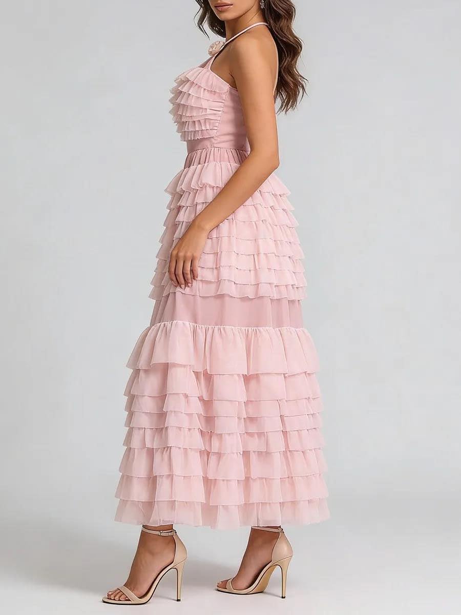 Women's Ruffle Tulle Halter Midi Dress Tiered Black Women's Ruffle Tulle Halter Midi Dress Tiered Black