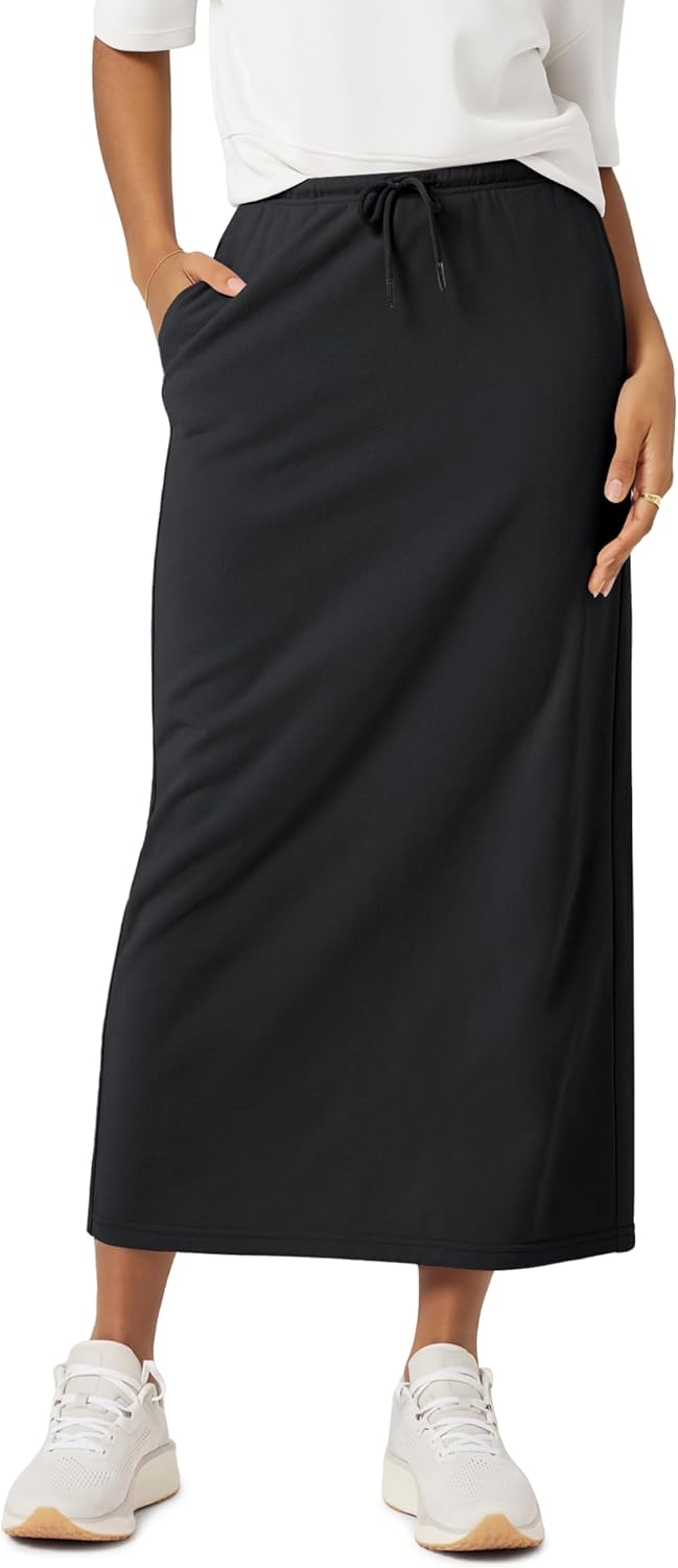 Women's Cotton Terry Drawstring Midi Skirt Black
