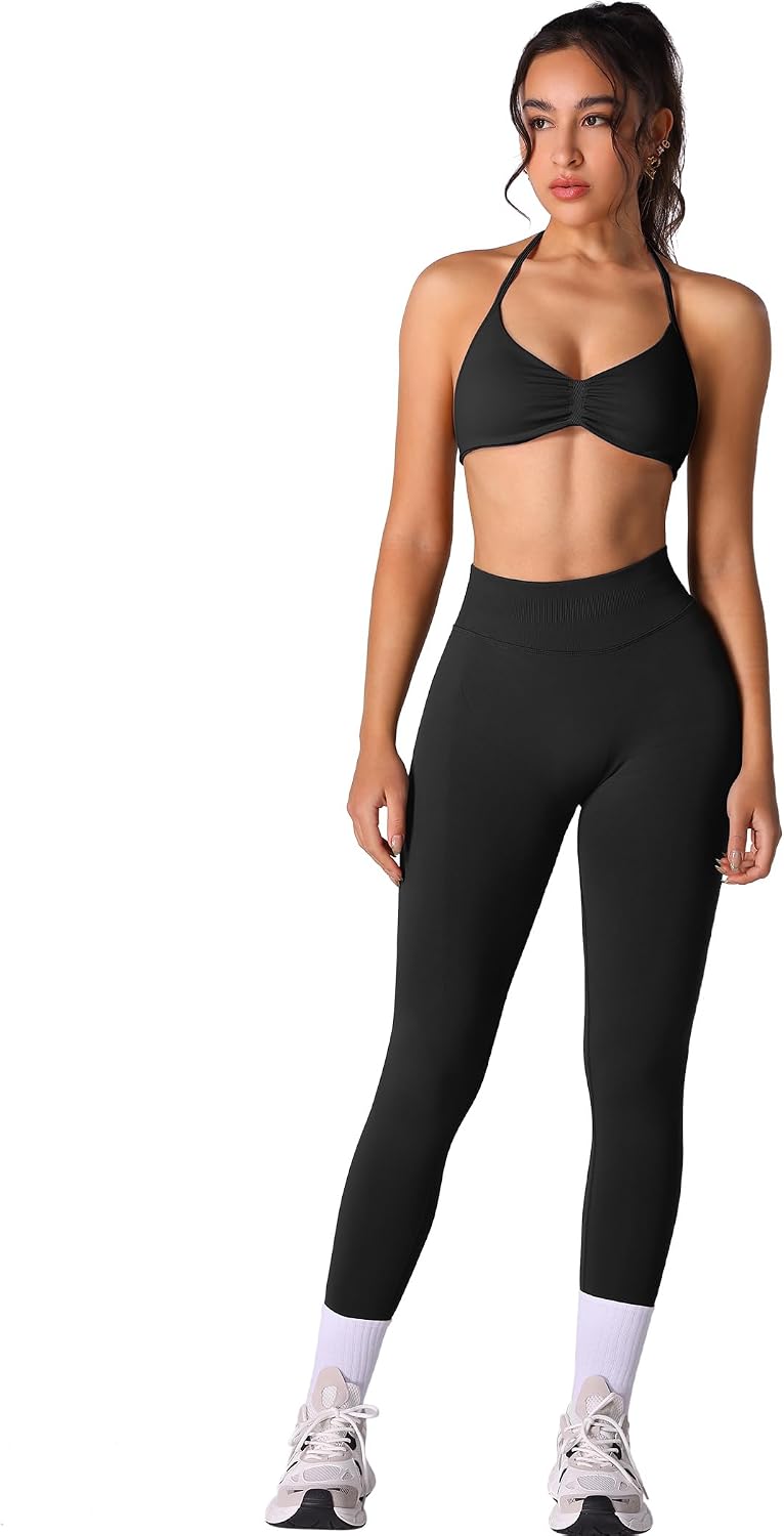Women's Seamless Halter Bra Scrunch Leggings Gym Set Blue
