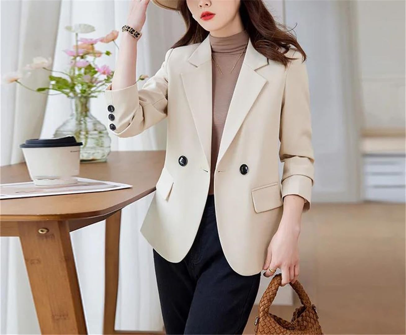 Women's Double Button Slim Fit Blazer Brown