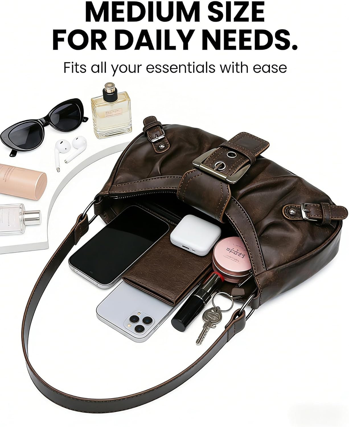 Women's Slouchy PU Leather Hobo Bag with Buckle Brown