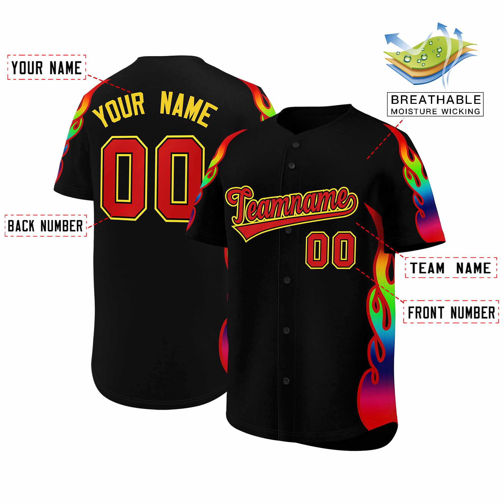 Benutzerdefiniertes Graffiti-Muster, personalisierter mehrfarbiger Flammendruck, authentisches Baseball-Trikot