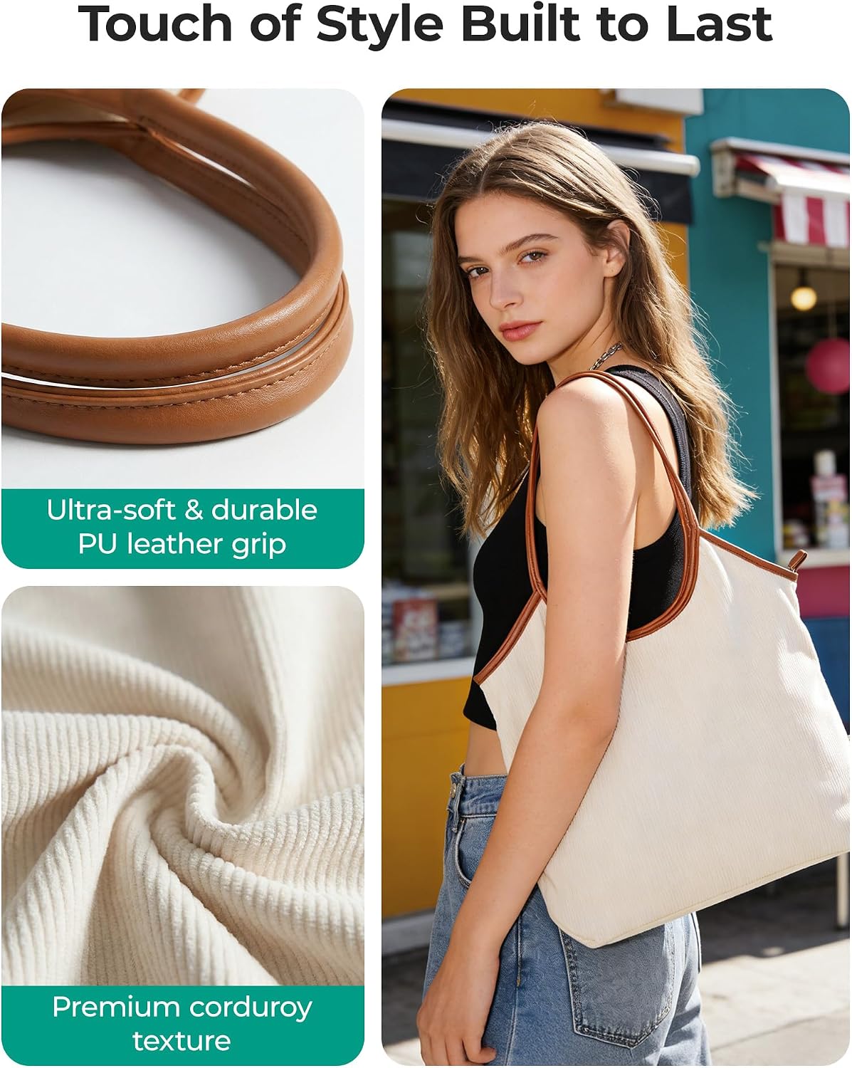 Women's Corduroy Tote Bag with PU Handles and Zipper