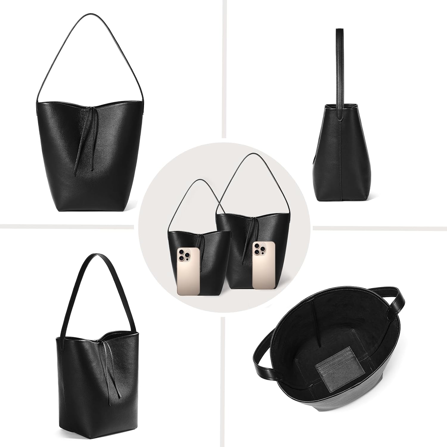 Women's Genuine Leather Bucket Tote Bag Black