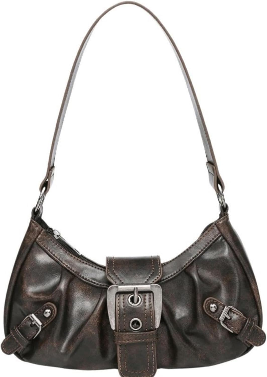 Women's Slouchy PU Leather Hobo Bag with Buckle Brown