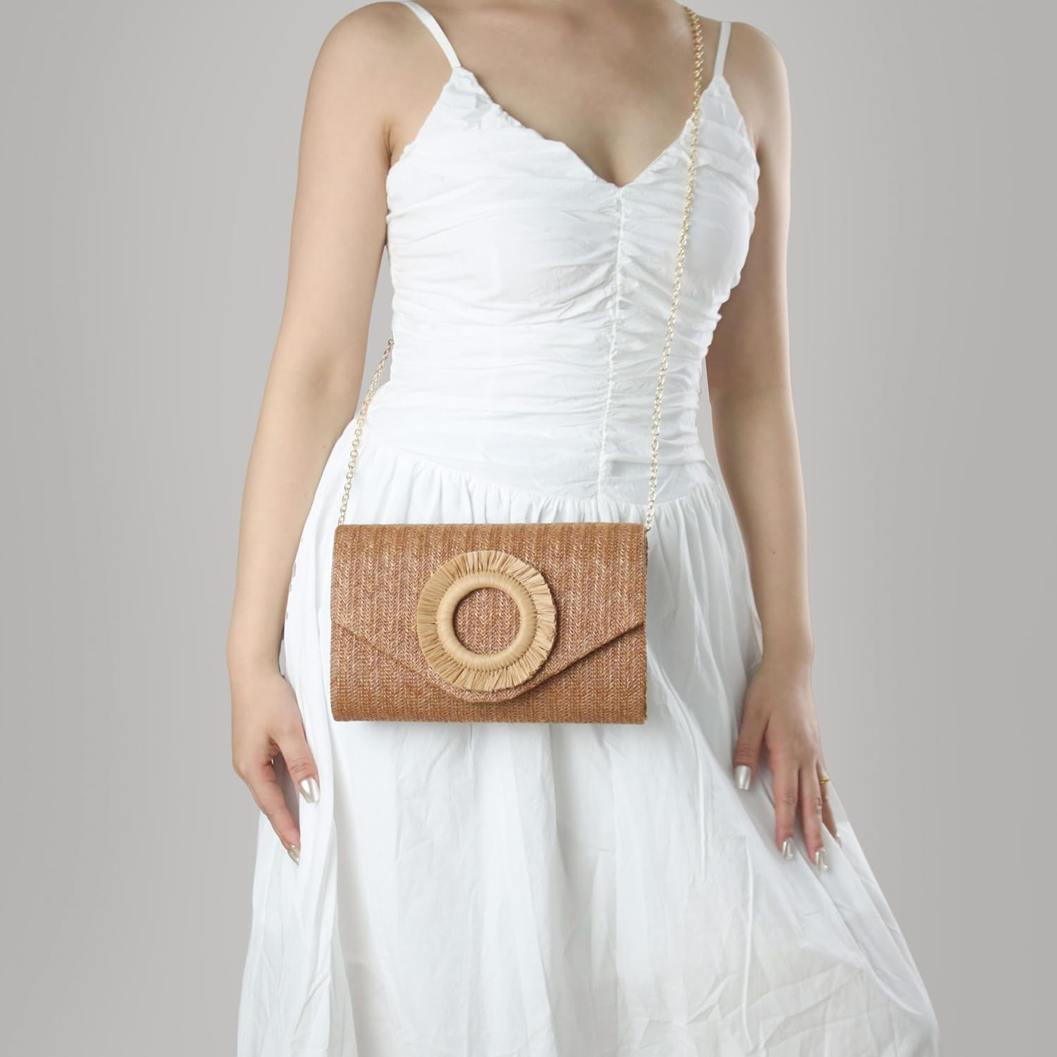 Women's Woven Straw Envelope Clutch with Gold Chain