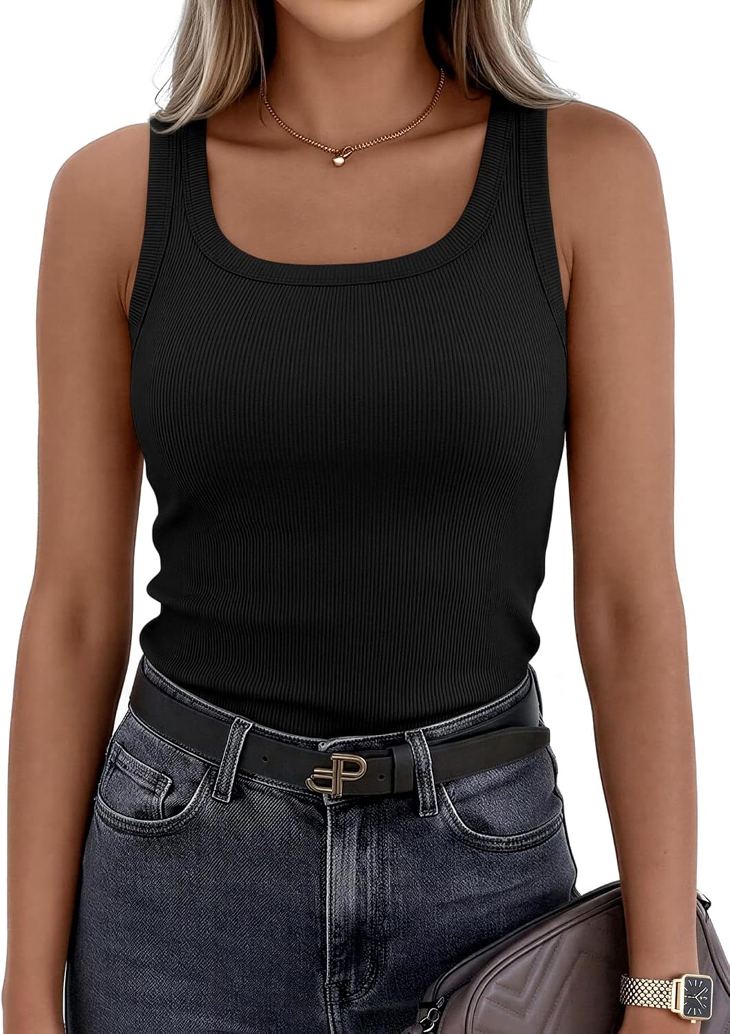 Women's Ribbed Scoop Neck Slim Fit Tank Top Black